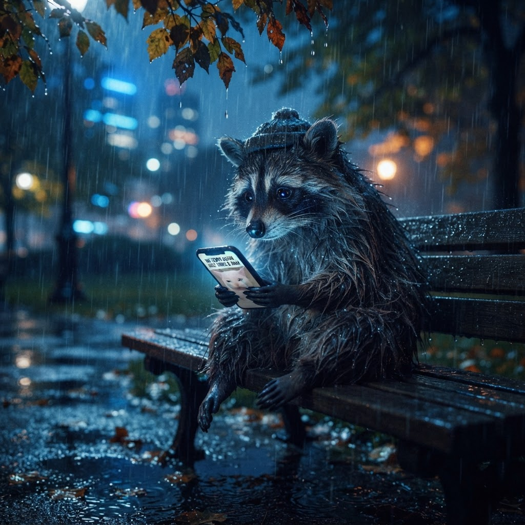 Raccoon meme: alone in the rain checking the charts
