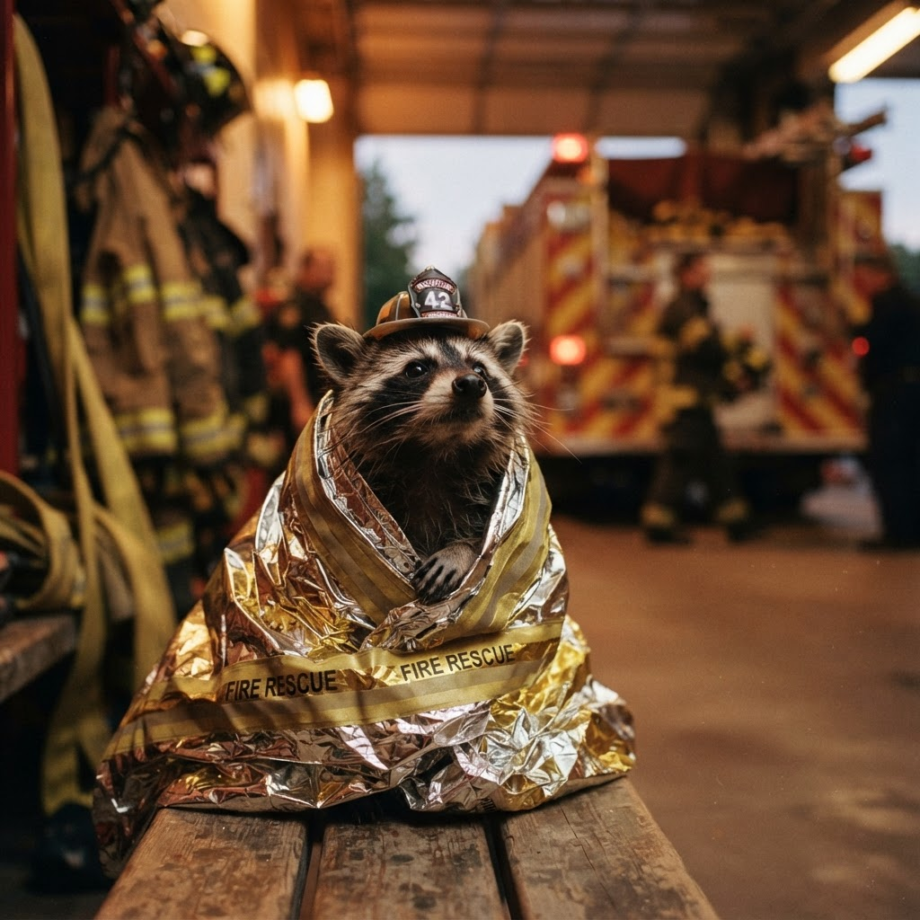 Raccoon meme: wrapped in a rescue blanket, still hopeful