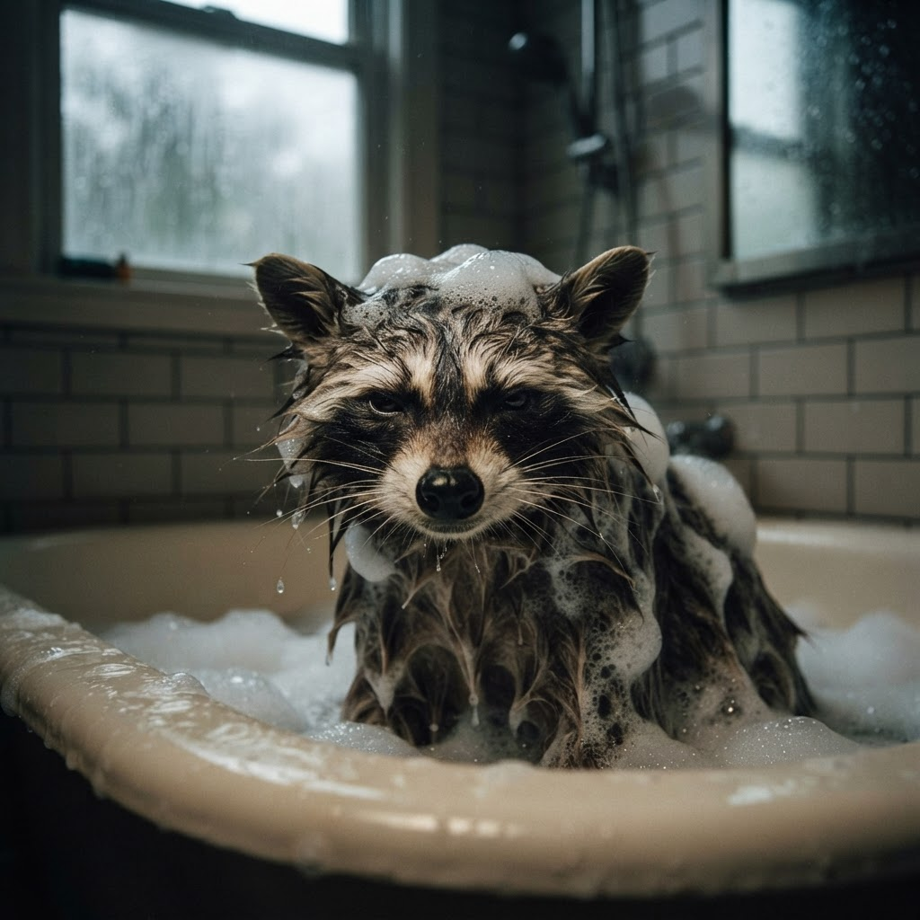 Raccoon meme: unimpressed and covered in dish soap