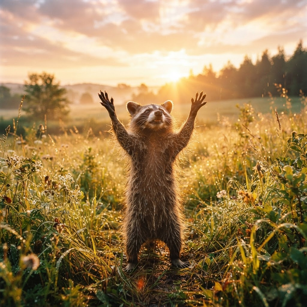 Raccoon meme: paws raised, free at sunrise
