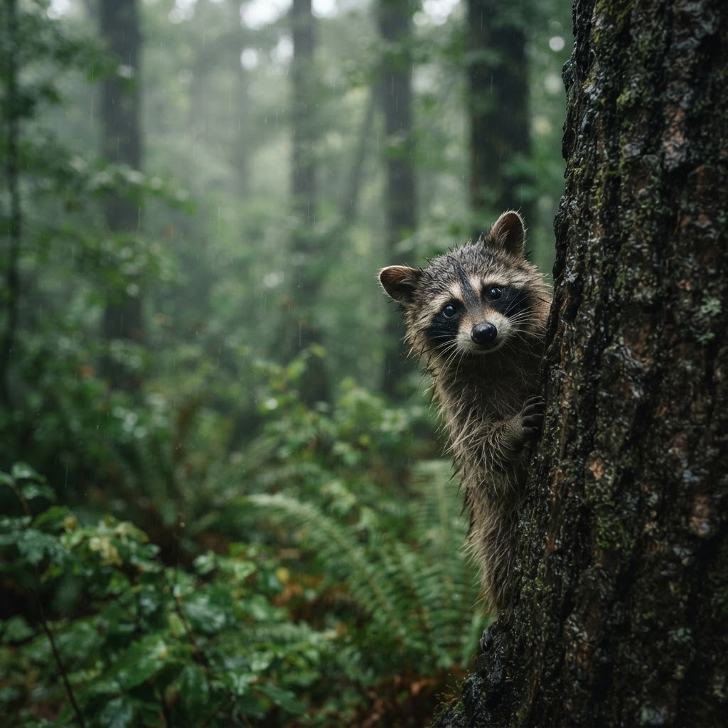 Raccoon meme: peeking out from behind a tree