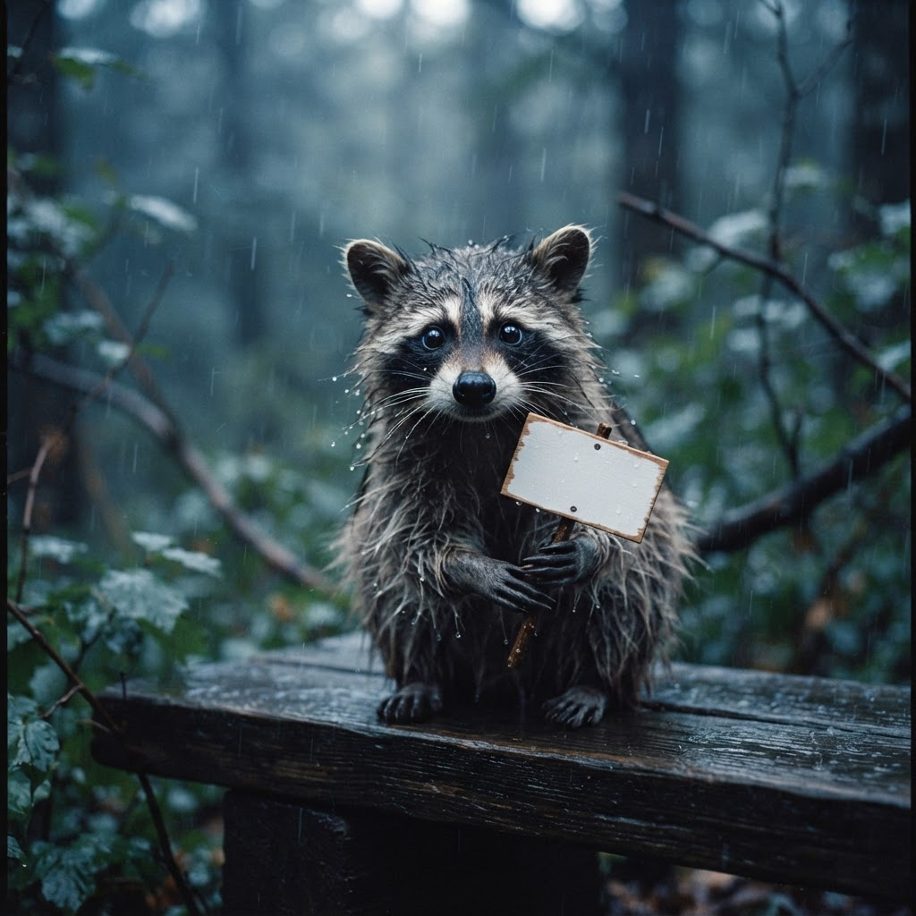 Raccoon meme: holding a blank sign in the rain