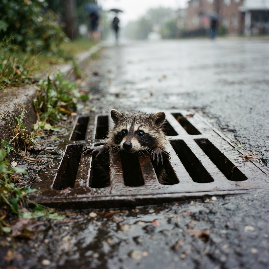 A frightened raccoon trapped behind the metal bars of a storm drain grate